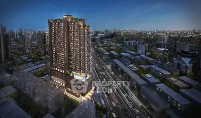 Stunning night view of modern high-rise building in bustling cityscape