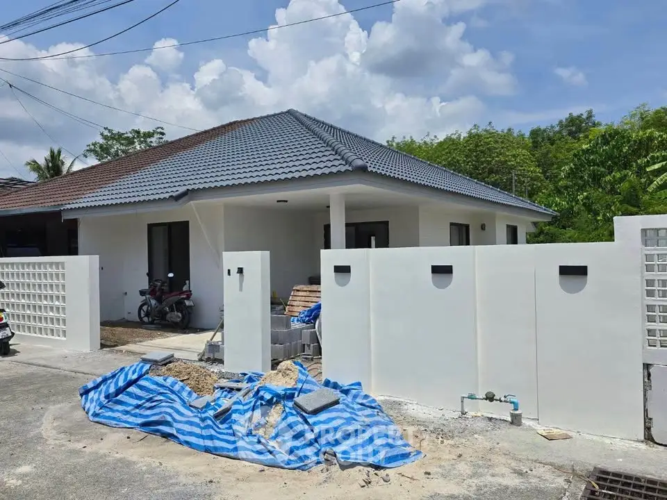 Charming single-story house with modern roof and spacious driveway under construction.