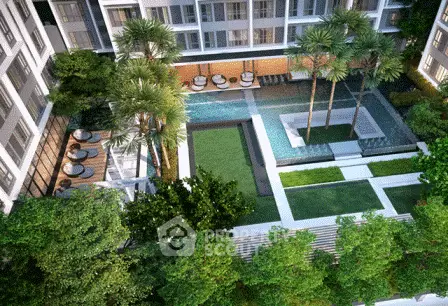Luxurious urban apartment complex with lush garden and pool view