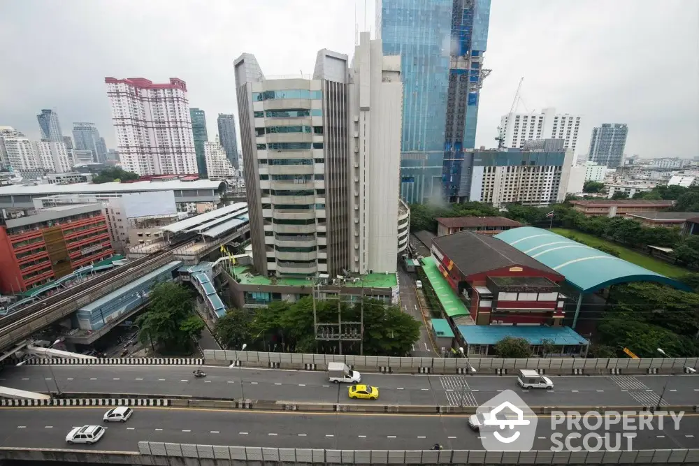 Stunning cityscape view showcasing modern high-rise buildings and bustling urban streets.