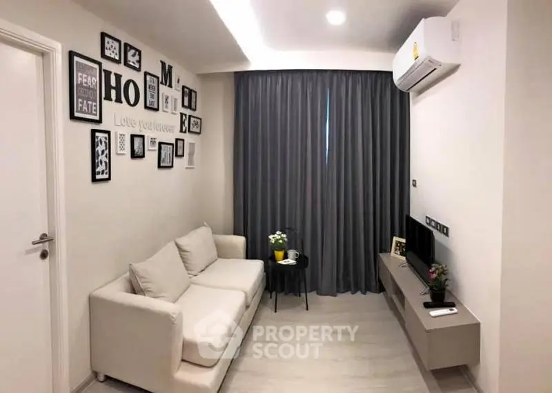 Cozy modern living room with stylish decor and air conditioning