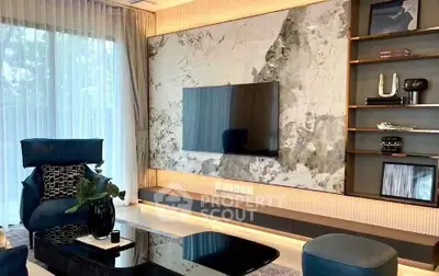 Luxurious modern living room with elegant marble wall and sleek furniture