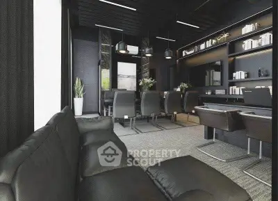 Luxurious modern living room with sleek black furniture and elegant decor, perfect for sophisticated gatherings.