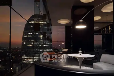 Luxurious modern living room with stunning cityscape view at sunset, featuring elegant furniture and floor-to-ceiling windows.