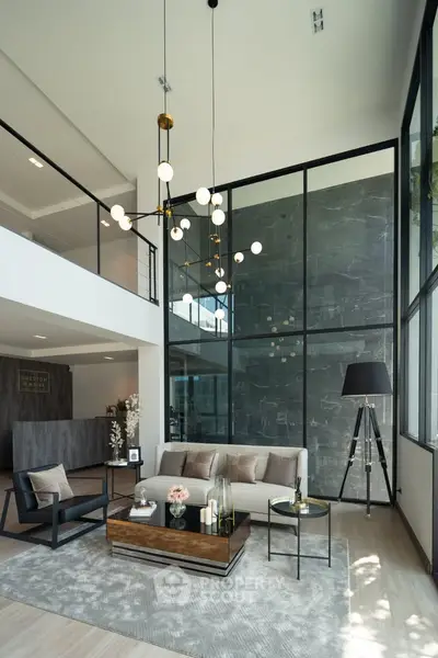 Luxurious modern living room with high ceilings and elegant decor