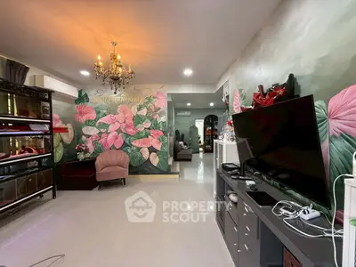 Stylish living room with floral mural and modern decor