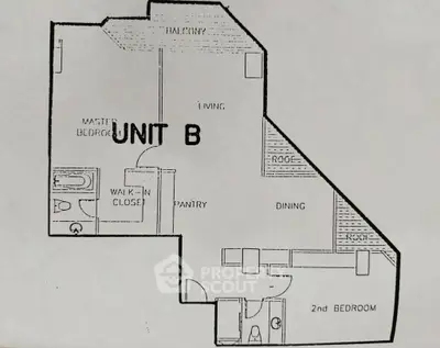 Floor plan of Unit B featuring two bedrooms, living area, dining space, and balcony.