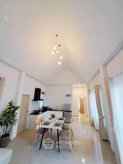 Spacious open-plan kitchen and dining area with high ceilings and modern lighting.