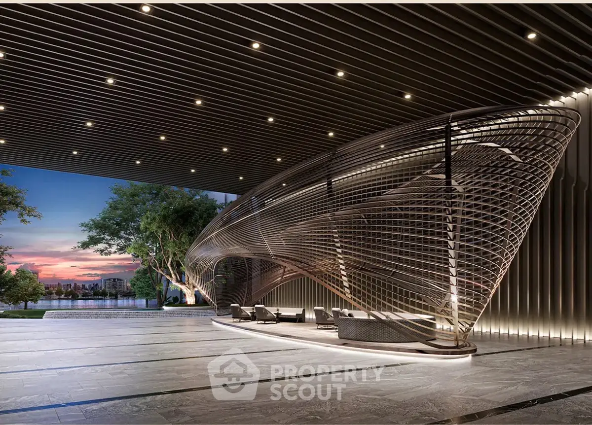 Luxurious modern building entrance with stunning architectural design and ambient lighting