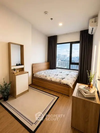 Modern bedroom with wooden furniture and city view, featuring a cozy bed and stylish decor.