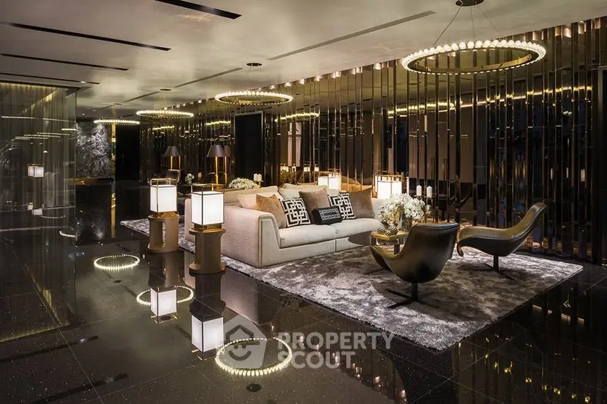 Luxurious modern living room with elegant lighting and stylish decor