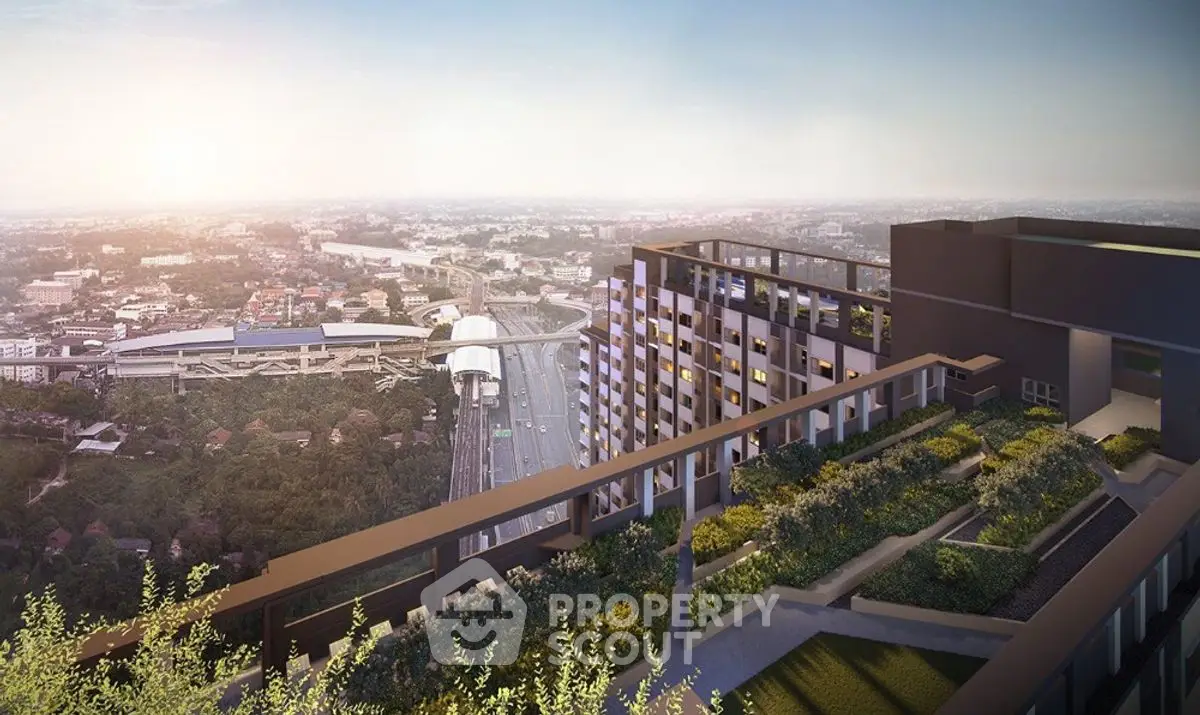 Stunning rooftop view with lush greenery overlooking cityscape and highway, perfect for urban living.