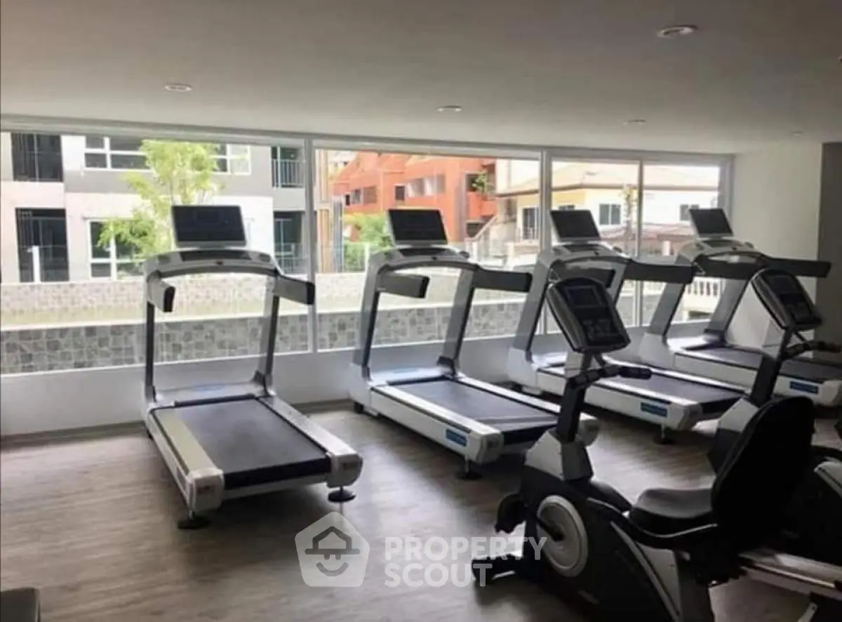 Modern gym with treadmills and exercise bike in residential building