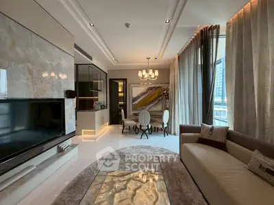 Luxurious modern living room with elegant decor and large windows offering city views.