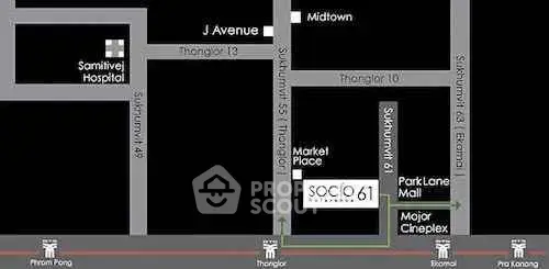 Map showing location of Socio 61 near Sukhumvit 61 with nearby amenities and landmarks.