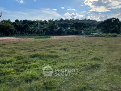 Expansive lush green land under a clear sky, perfect for a bespoke residential or commercial development, surrounded by nature.