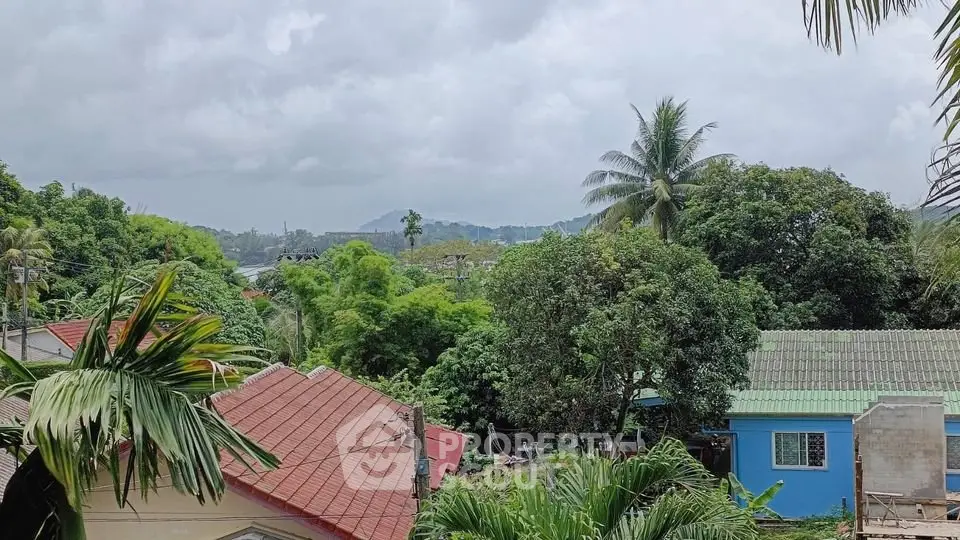 Scenic view of tropical residential area with lush greenery and colorful rooftops.