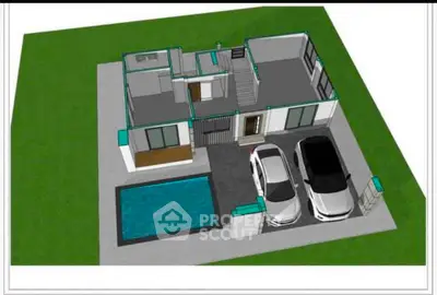Modern architectural 3D render of a house with pool and parking, showcasing sleek design and spacious layout.