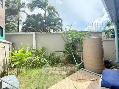 Charming backyard garden with lush greenery and tropical plants, perfect for relaxation and outdoor enjoyment.