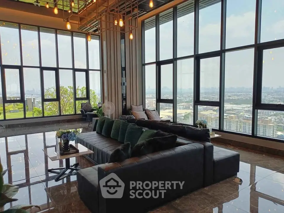Luxurious living room with panoramic city views and elegant decor