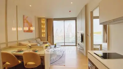 Luxurious modern living room with open kitchen and stunning city view