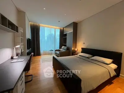 Luxurious modern bedroom with city view, featuring sleek furniture and ambient lighting.