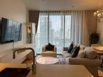 Luxurious living room with city view, elegant decor, and modern furnishings in high-rise apartment.