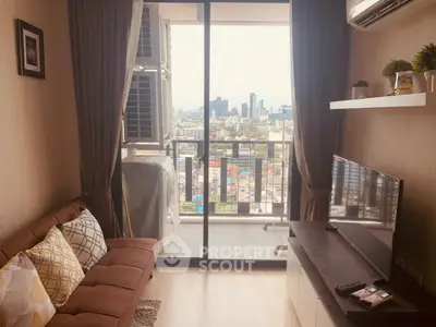 Cozy living room with city view balcony in modern apartment