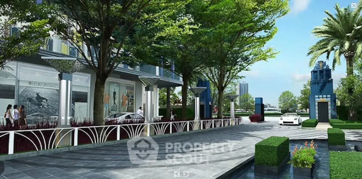 Luxurious building entrance with lush greenery and modern design