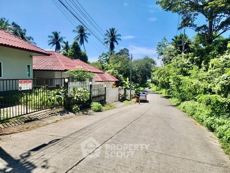 Charming suburban street with lush greenery and houses for sale, ideal for peaceful living.