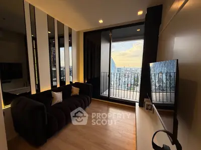 Modern living room with stunning city view and stylish black sofa