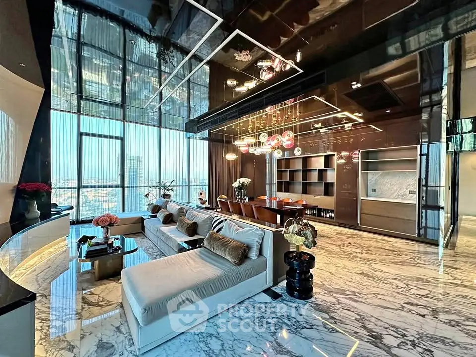 Luxurious modern living room with marble floors and panoramic city view