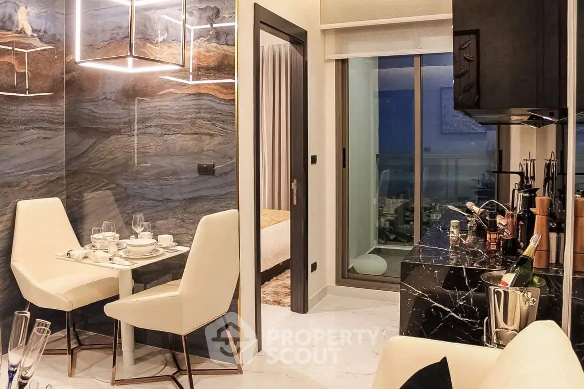 Luxurious modern apartment interior with elegant dining area and stylish kitchen