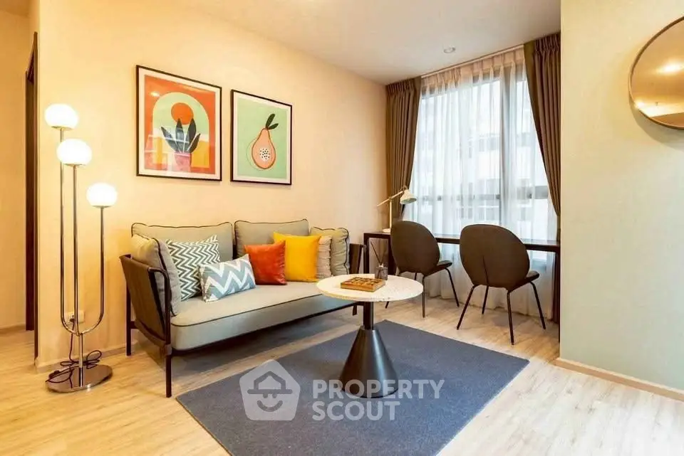 Stylish modern living room with colorful decor and natural light