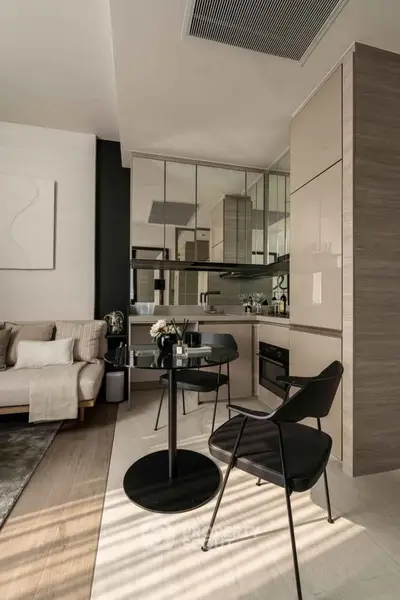 Modern living room with sleek kitchen, stylish furniture, and elegant decor in a contemporary apartment.