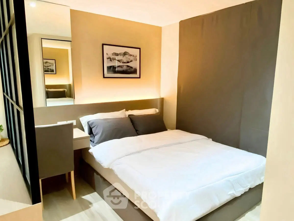 Cozy modern bedroom with stylish decor and ambient lighting