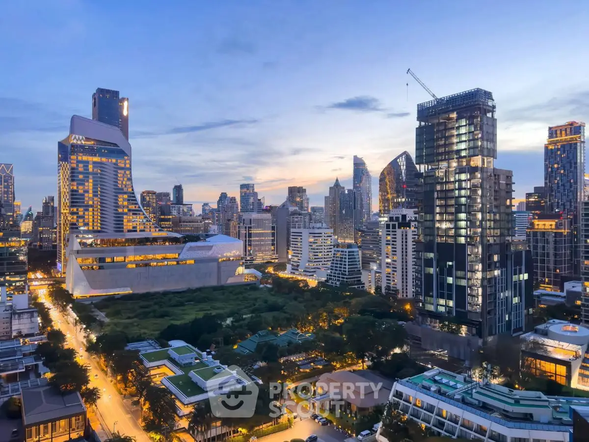 Stunning cityscape view showcasing modern skyscrapers and vibrant urban life at dusk.