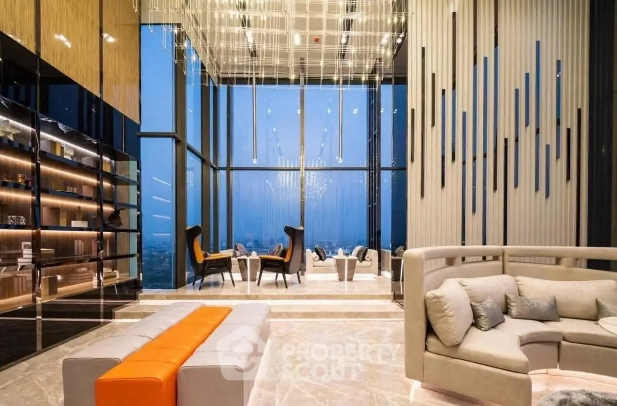 Luxurious high-rise living room with panoramic city views and modern decor