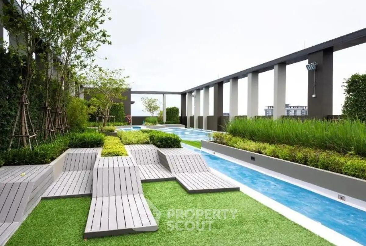 Luxurious rooftop garden with modern design and lush greenery