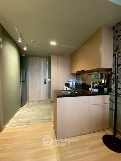 Modern kitchen with sleek cabinetry and open layout in a stylish apartment