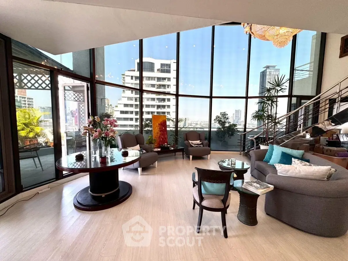 Luxurious living room with floor-to-ceiling windows and stunning city view