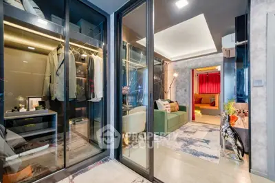 Luxurious modern living room with walk-in closet and stylish decor
