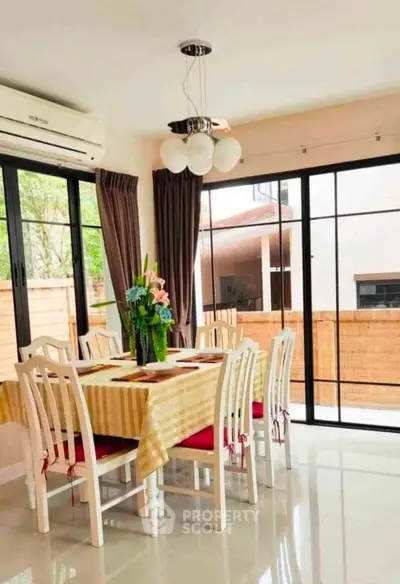 Bright dining area with modern decor and large windows