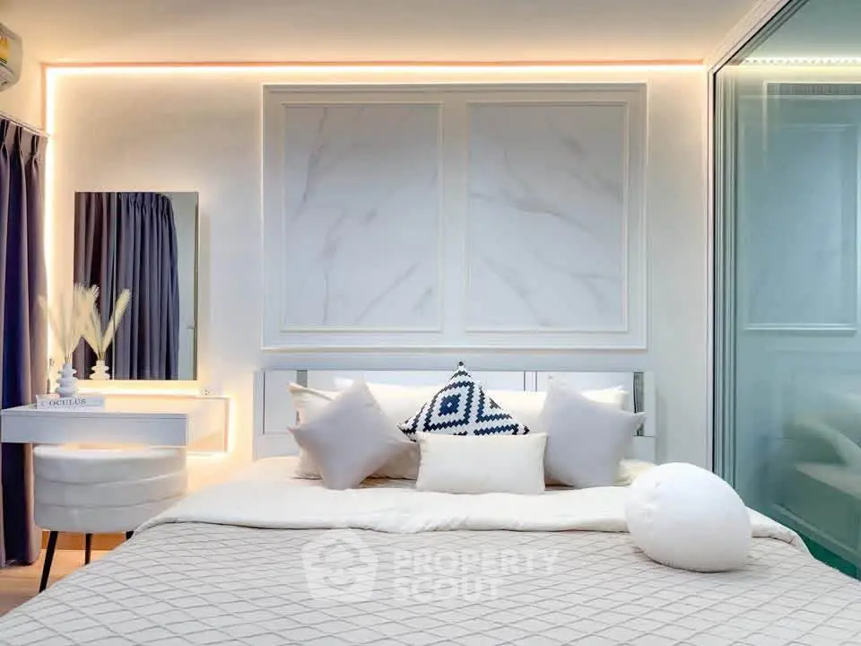 Luxurious modern bedroom with elegant decor and ambient lighting