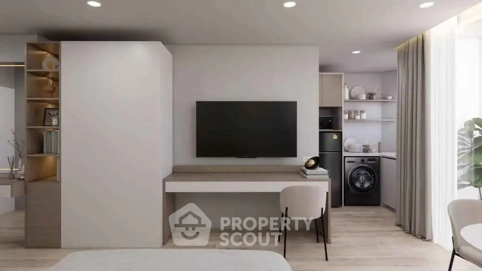 Modern studio apartment with sleek design, featuring a wall-mounted TV, compact workspace, and integrated laundry area.