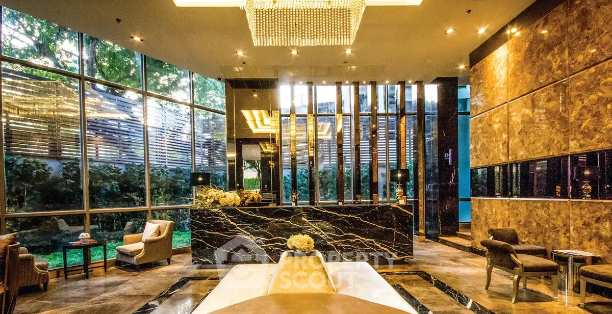 Luxurious building lobby with elegant marble decor and modern lighting