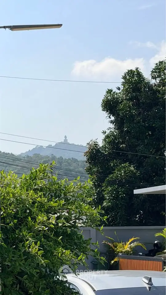 Scenic view from property with lush greenery and distant hilltop statue.