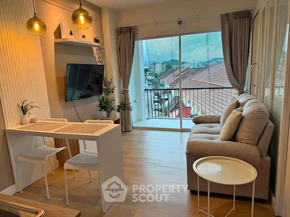 Modern living room with cozy sofa, stylish dining area, and balcony view.