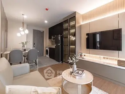 Modern living room with stylish decor and open kitchen layout