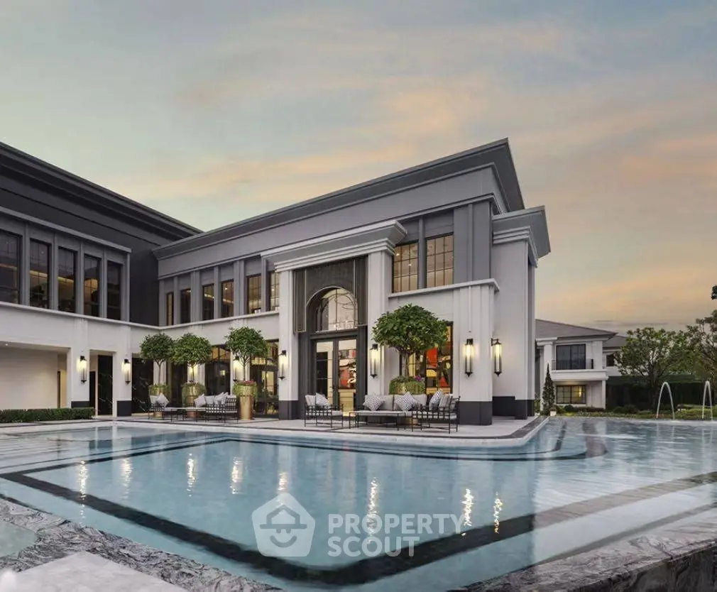 Luxurious modern mansion with stunning pool and elegant architecture at sunset.